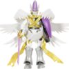 A white and gold action figure with large wings, a purple sword and shield, and detailed armor stands in a neutral pose.