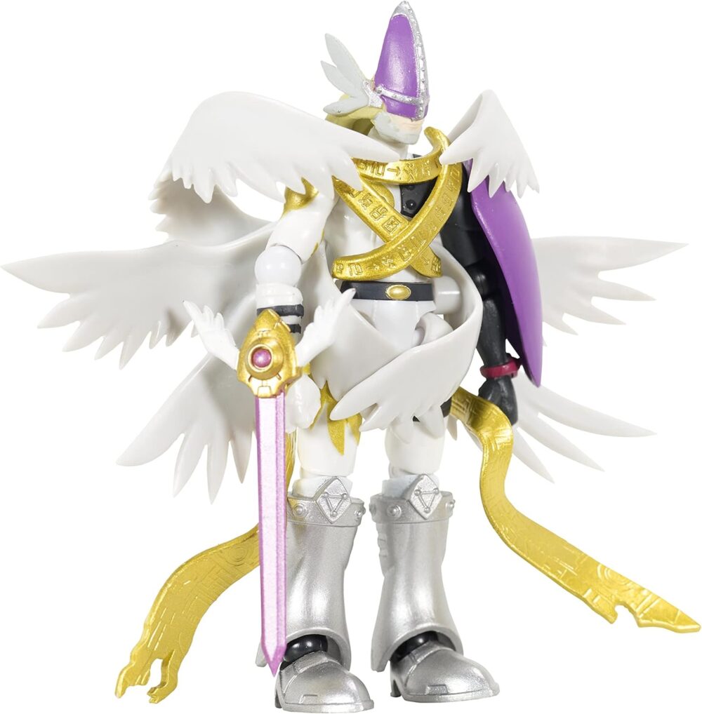 A white and gold armored figure with wings, holding a purple and gold sword, and wearing a purple cape. The design is intricate with a knightly and angelic appearance.