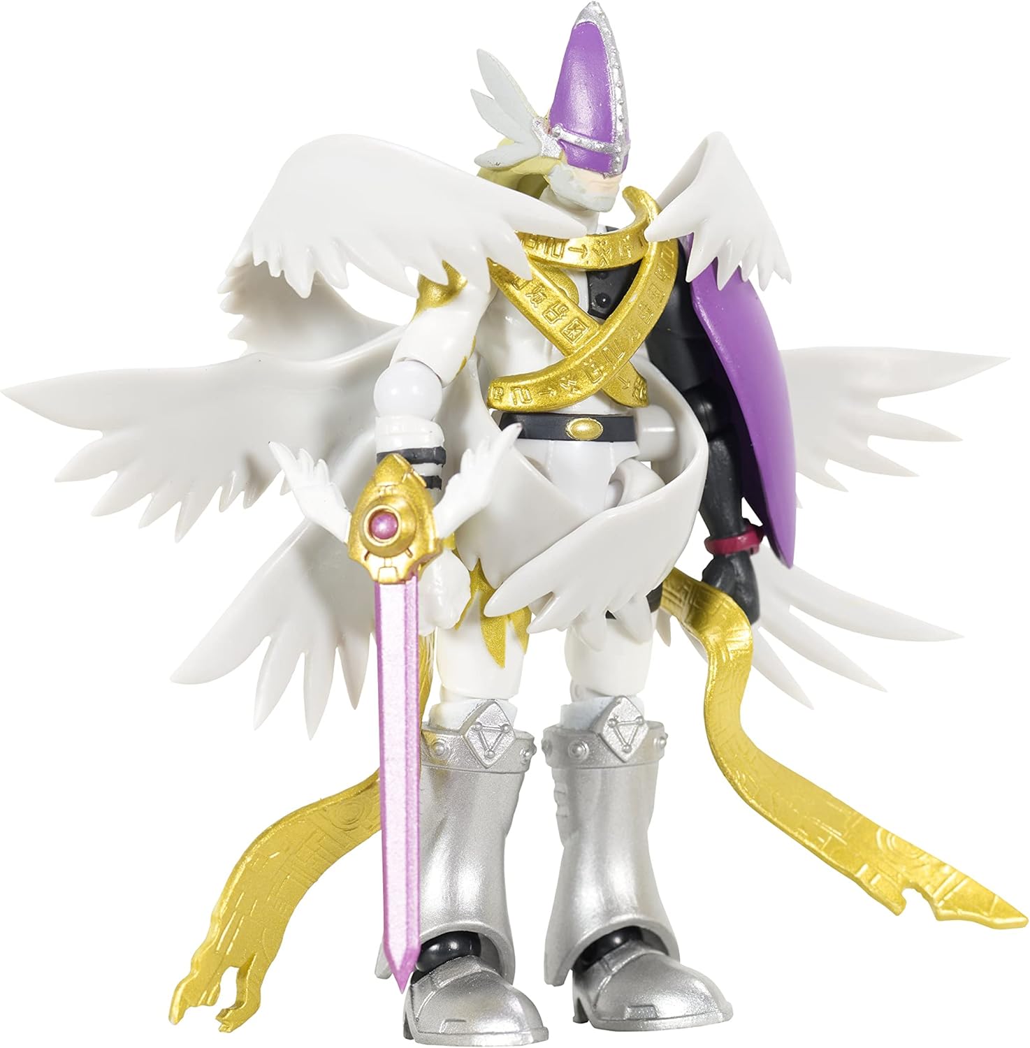 DIGIMON SHODO 3.5 Figure MagnaAngemon 86975 (11) A white and gold armored figure with wings, holding a purple and gold sword, and wearing a purple cape. The design is intricate with a knightly and angelic appearance.