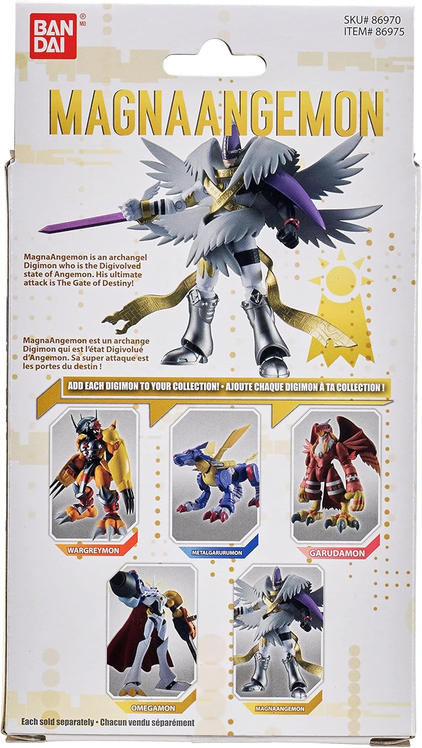 Back of a toy packaging box featuring MagnaAngemon, an archangel Digimon, with a description and images of other Digimon collectibles: WarGreymon, MetalGarurumon, Garudamon, Omnimon.