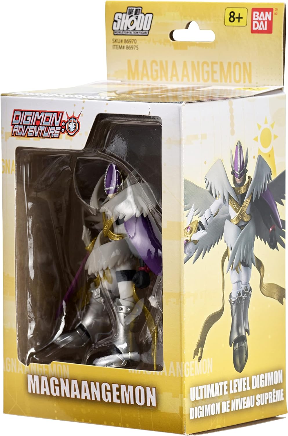 Boxed action figure of MagnaAngemon from Digimon Adventure. The packaging indicates it is an "Ultimate Level Digimon" and is suitable for ages 8 and up.