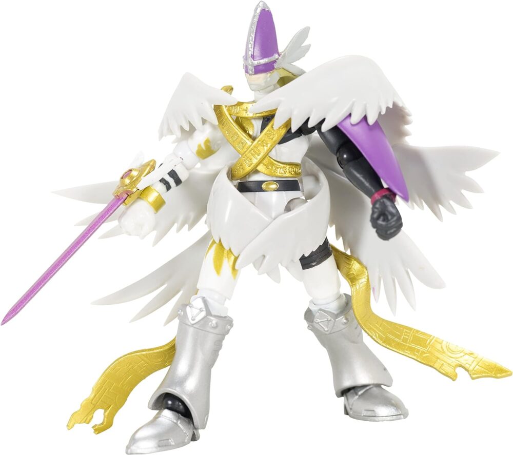 A detailed action figure dressed in white and gold armor, with a purple sword and a helmet with a purple plume, and white wings on its back.