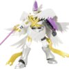 A detailed action figure dressed in white and gold armor, with a purple sword and a helmet with a purple plume, and white wings on its back.