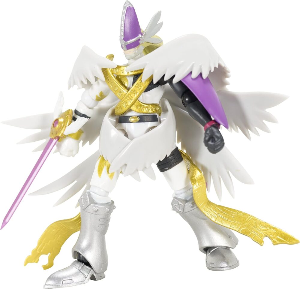 A detailed action figure with silver and gold armor, white wings, and a purple helmet, holding a pink sword.