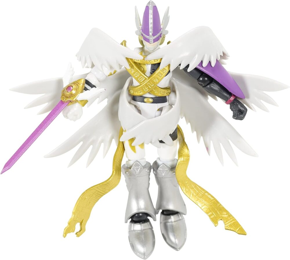 A detailed action figure of a winged warrior in white armor with gold accents, holding a purple sword. The figure has a helmet with a purple visor and gold ribbons attached to its waist.