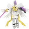 A detailed action figure of a winged warrior in white armor with gold accents, holding a purple sword. The figure has a helmet with a purple visor and gold ribbons attached to its waist.