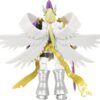 A detailed figurine of a character with white wings, long blonde hair, silver boots, and golden ribbons with inscriptions, viewed from the back.