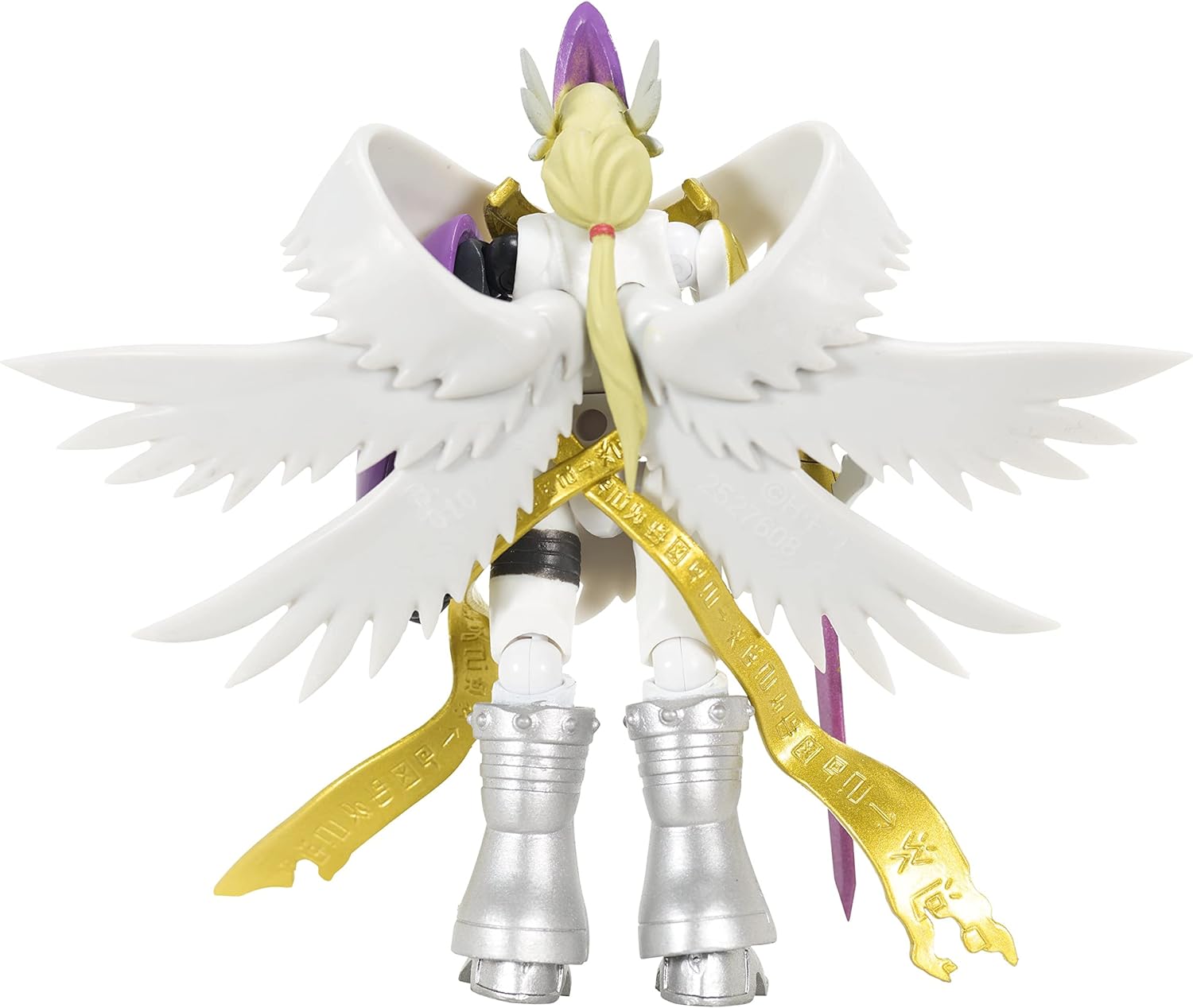 DIGIMON SHODO 3.5 Figure MagnaAngemon 86975 (8) A detailed figurine of a character with white wings, long blonde hair, silver boots, and golden ribbons with inscriptions, viewed from the back.