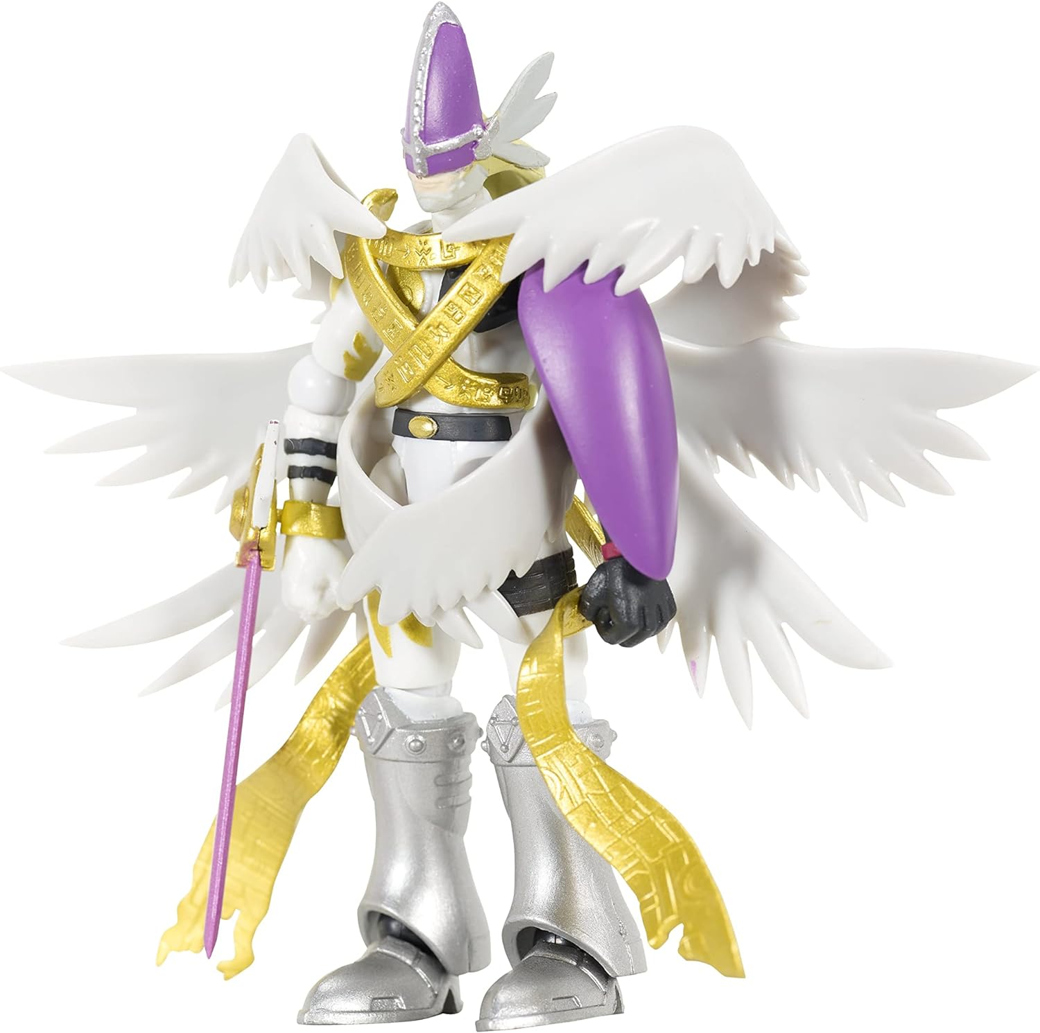 DIGIMON SHODO 3.5 Figure MagnaAngemon 86975 (9) A white, gold, and purple armored action figure with wings, holding a purple sword and shield.