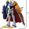 A detailed action figure of a robotic character with a white and red design, holding a sword with Japanese script, with dimensions noted around the figure (3.35" tall, 2.17" wide, 1.57" deep).