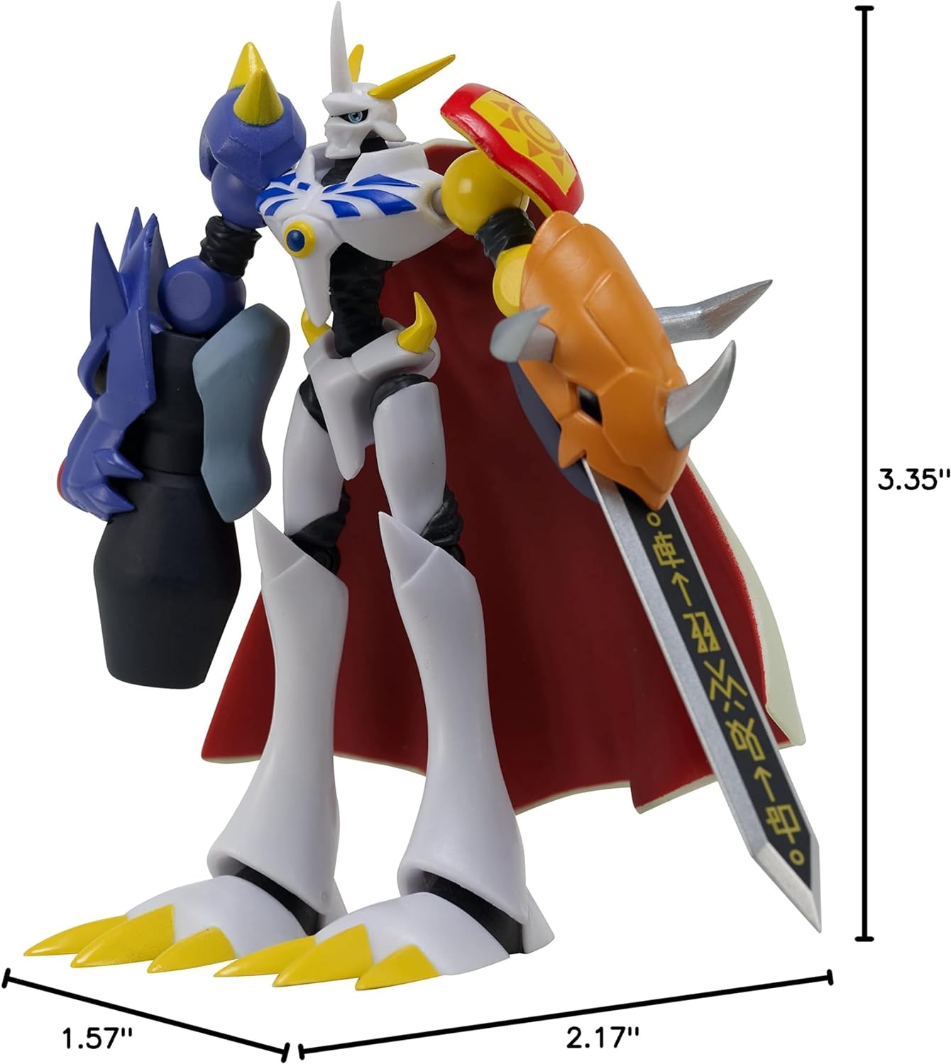 DIGIMON SHODO 3.5 Figure Omegamon 86974 (1) A detailed action figure of a robotic character with a white and red design, holding a sword with Japanese script, with dimensions noted around the figure (3.35" tall, 2.17" wide, 1.57" deep).