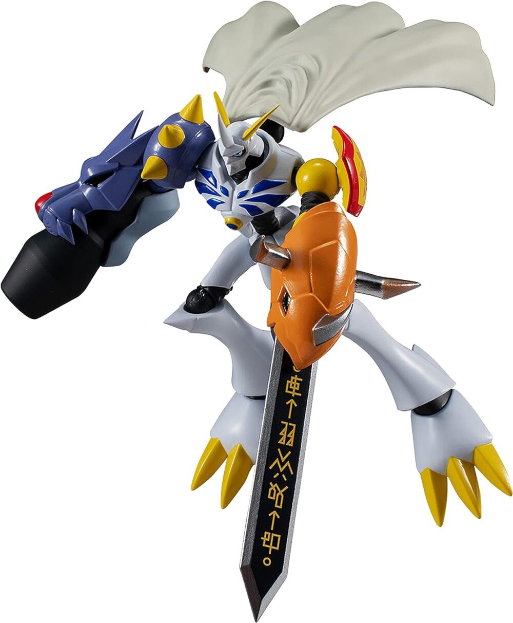 A detailed action figure of a robot with a white and yellow color scheme. It holds a sword with inscriptions and features large, weaponized arms and a flowing cape.