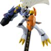 A detailed action figure of a robot with a white and yellow color scheme. It holds a sword with inscriptions and features large, weaponized arms and a flowing cape.