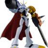 A white and blue robot with a red cape, large cannon arm, and a sword with Japanese text, standing in a dynamic pose.