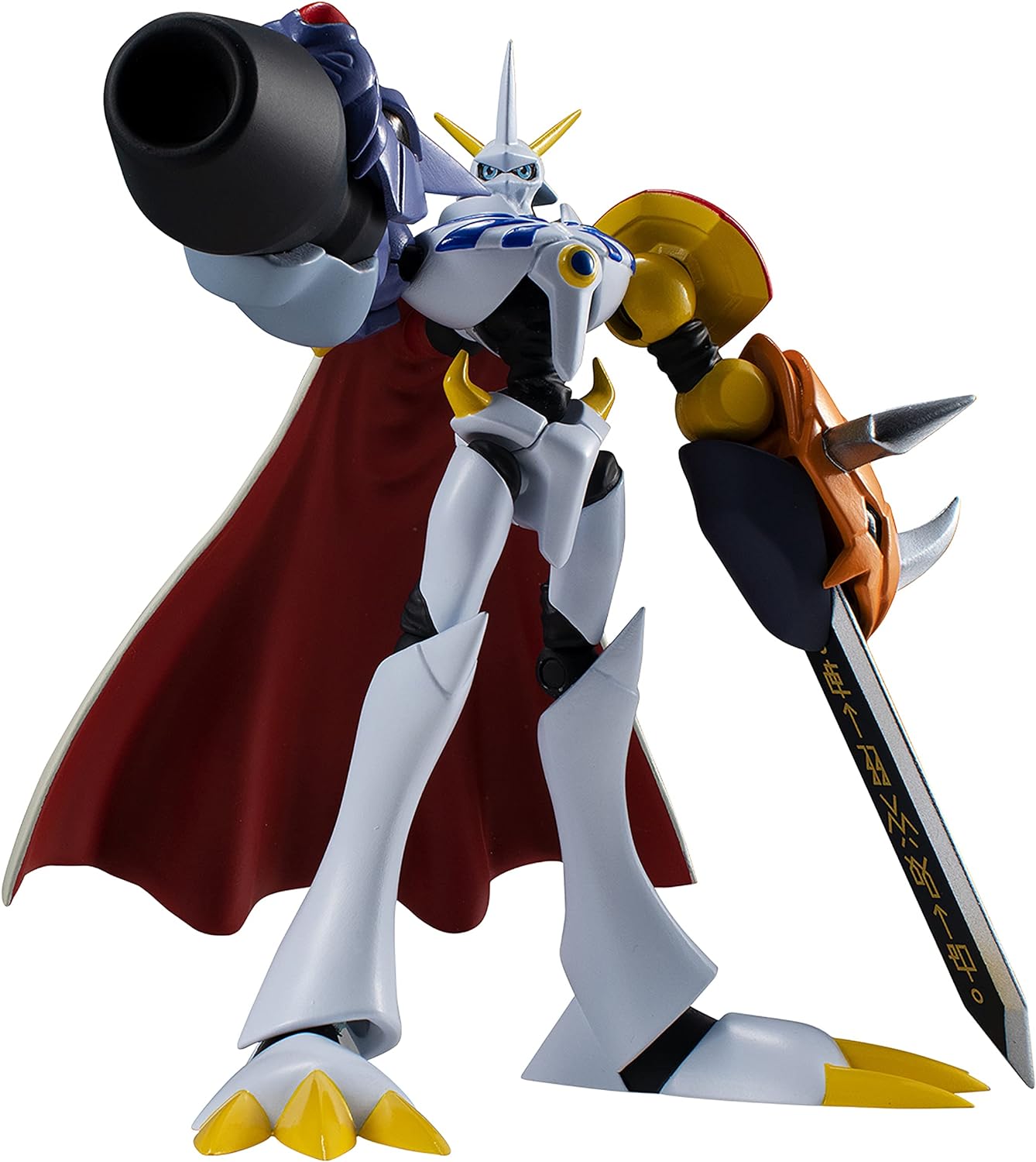 DIGIMON SHODO 3.5 Figure Omegamon 86974 (11) A white and blue robot with a red cape, large cannon arm, and a sword with Japanese text, standing in a dynamic pose.