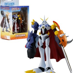 A detailed figurine of Omegamon from Digimon Adventure stands in front of its box packaging.