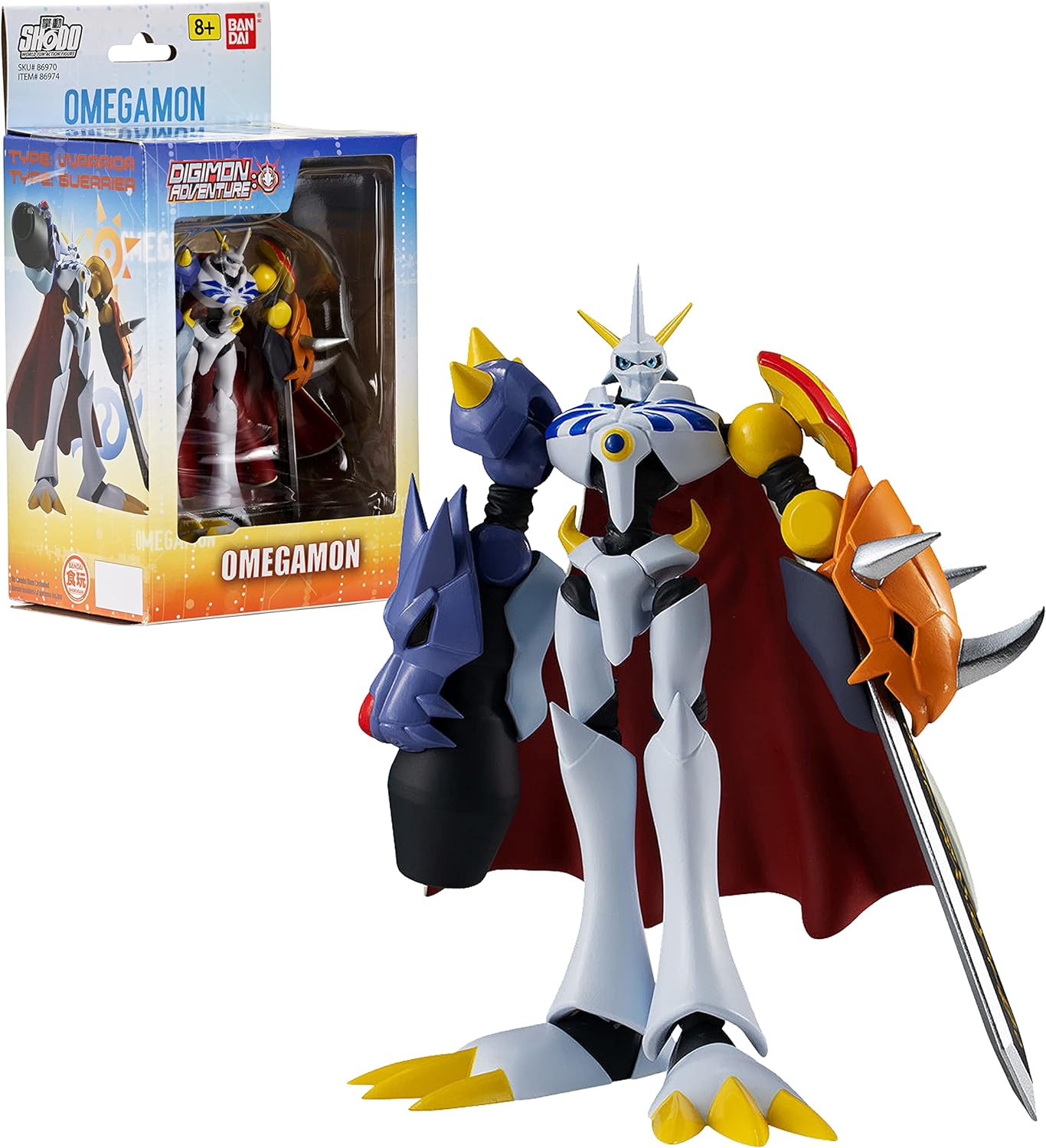 DIGIMON SHODO 3.5 Figure Omegamon 86974 (12) A detailed figurine of Omegamon from Digimon Adventure stands in front of its box packaging.