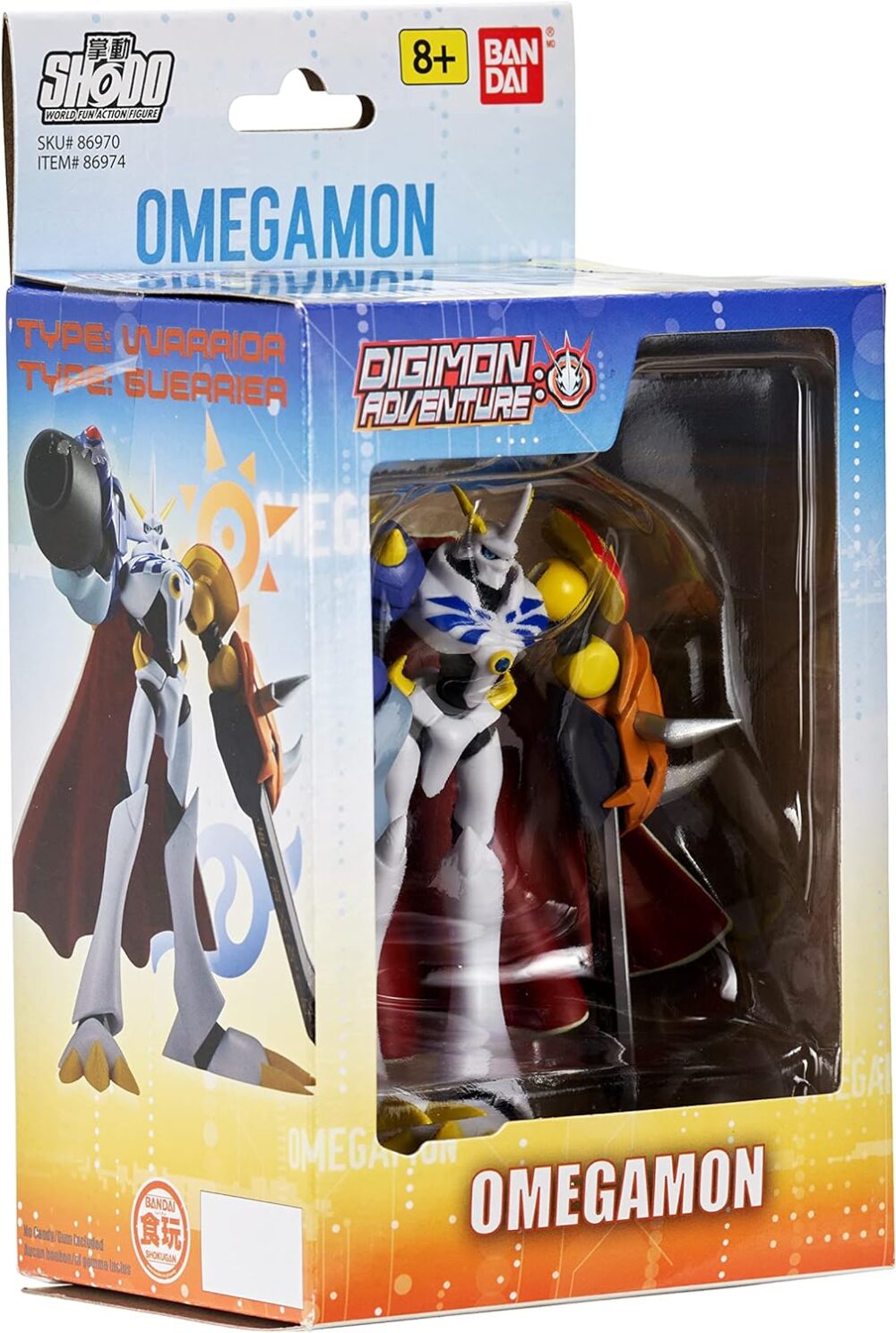 Image of a boxed Omegamon figure from the Digimon Adventure series by Bandai. The packaging shows the figure inside, with branding and age recommendation (8+ years) displayed prominently.