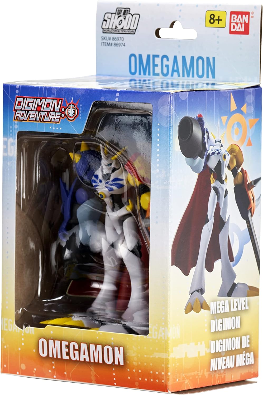 Boxed figure of Omegamon from Digimon Adventure. The package indicates it is suitable for ages 8 and up and produced by Bandai.