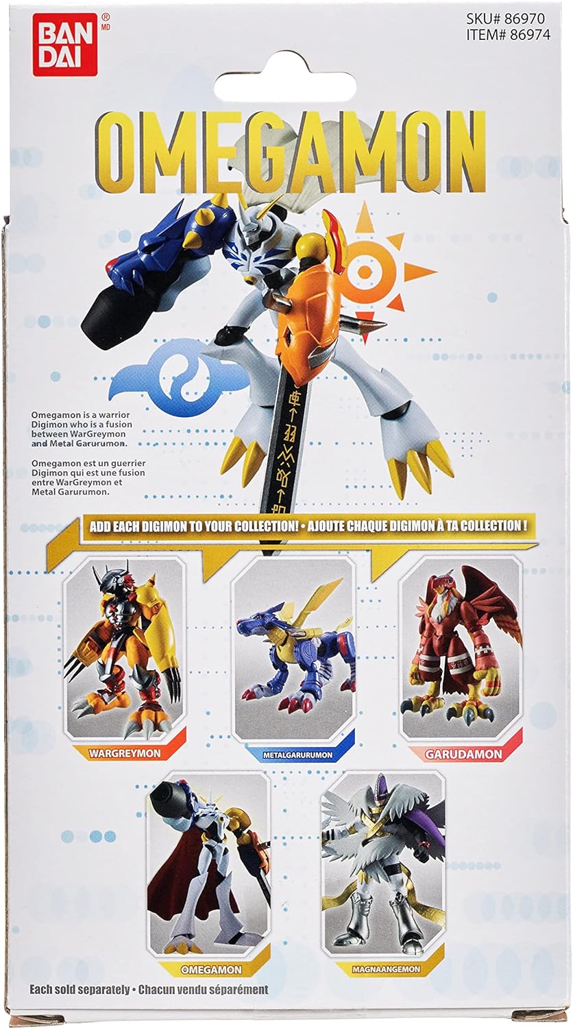 Packaging of an Omegamon action figure featuring image of the toy and three additional Digimon figures: WarGreymon, Angewomon, and Garudamon. Text and product information are also present.