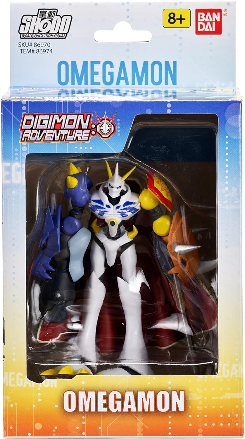 A boxed Omegamon action figure from Digimon Adventure by Bandai, suitable for ages 8 and up.