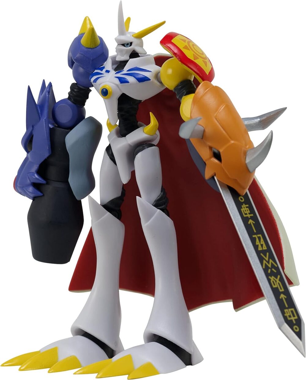 A robot-like figure with white armor, a red cape, dual-colored arms, and a large sword, standing in a dynamic pose.