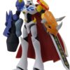 A robot-like figure with white armor, a red cape, dual-colored arms, and a large sword, standing in a dynamic pose.