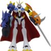 A humanoid robot toy with white, blue, and yellow armor stands holding a sword and shield. It has a red cape and a large blue and orange horned gauntlet on its left arm.