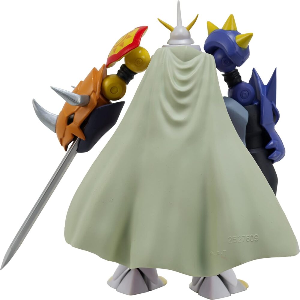 A humanoid figure in armor with a white cape, holding a sword and shield, is shown from behind. The figure has blue gauntlets and spikes on its head.