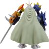A humanoid figure in armor with a white cape, holding a sword and shield, is shown from behind. The figure has blue gauntlets and spikes on its head.