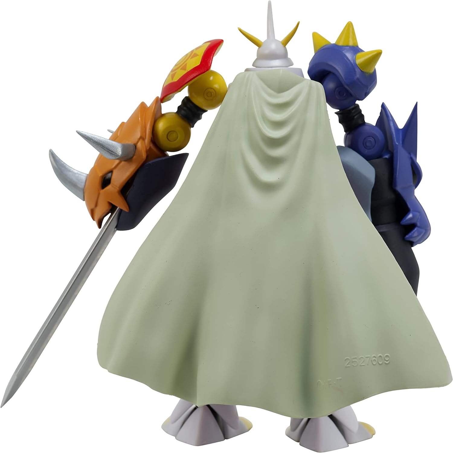 DIGIMON SHODO 3.5 Figure Omegamon 86974 (8) A humanoid figure in armor with a white cape, holding a sword and shield, is shown from behind. The figure has blue gauntlets and spikes on its head.
