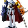 A detailed model of a humanoid robot with white armor, a blue and red cape, and weaponized arms, one resembling a rock monster's head and the other holding dual blades.