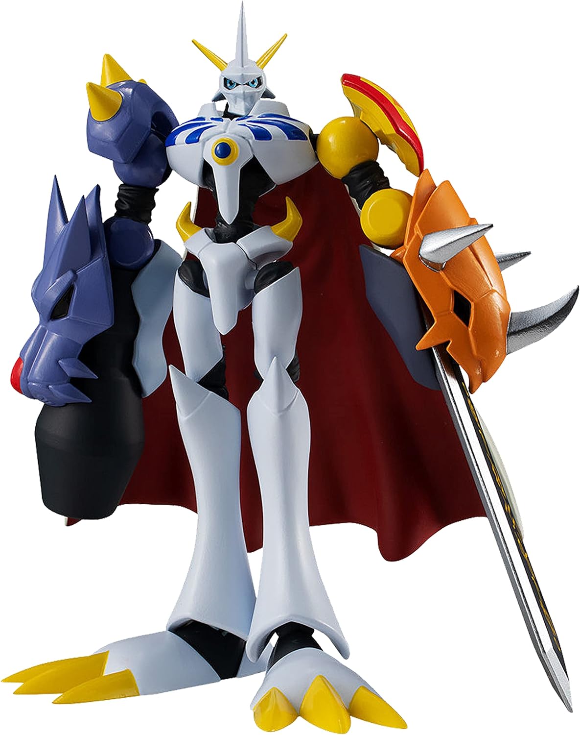 DIGIMON SHODO 3.5 Figure Omegamon 86974 (9) A detailed model of a humanoid robot with white armor, a blue and red cape, and weaponized arms, one resembling a rock monster's head and the other holding dual blades.