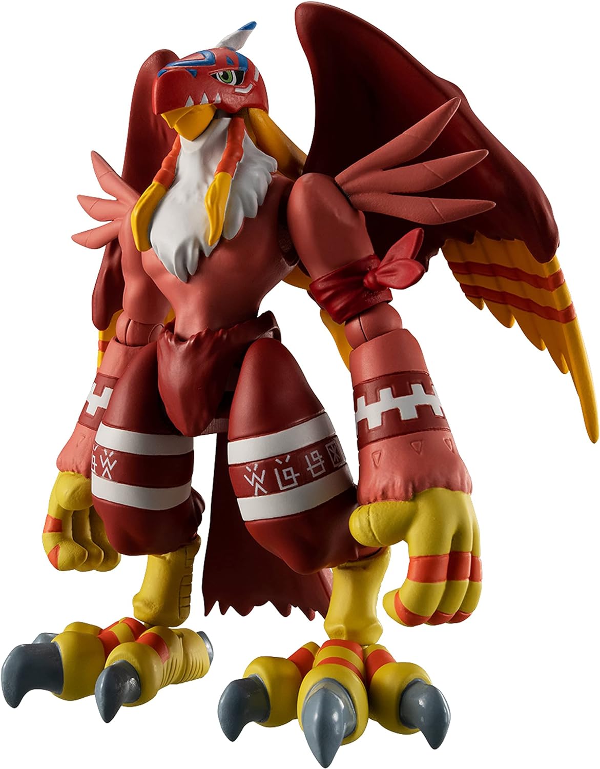 DIGIMON Shodo 3.5 Garudamon Action Figure 86973 (10) A red and yellow Digimon Shodo 3.5" Figure resembling an anthropomorphic bird with wings, clawed hands, and feet, featuring tribal patterns on its arms and legs.