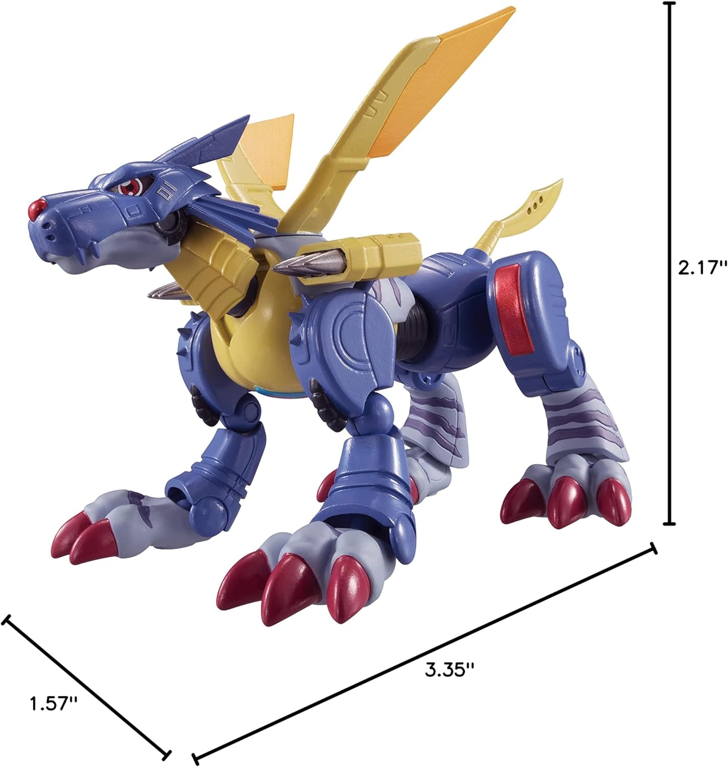 DIGIMON Shodo 3.5 Metal Garurumon Action Figure 86972 (1) A Digimon Shodo 3.5" Figure, accompanied by dimensions of 3.35 inches in length, 1.57 inches in width, and 2.17 inches in height.
