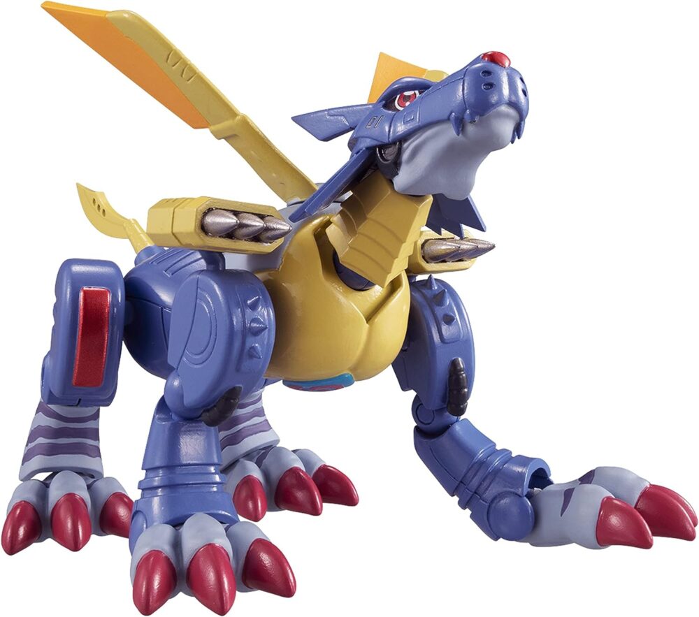 A Digimon Shodo 3.5" Figure with red claws, yellow wings, and various mechanical details is shown in a crawling position.