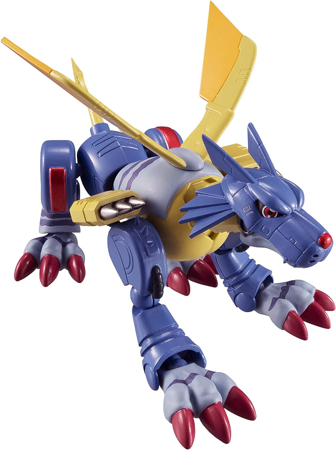 DIGIMON Shodo 3.5 Metal Garurumon Action Figure 86972 (11) A Digimon Shodo 3.5" Figure with yellow wings, red claws, and a red nose stands on all fours, showing its mechanical details.