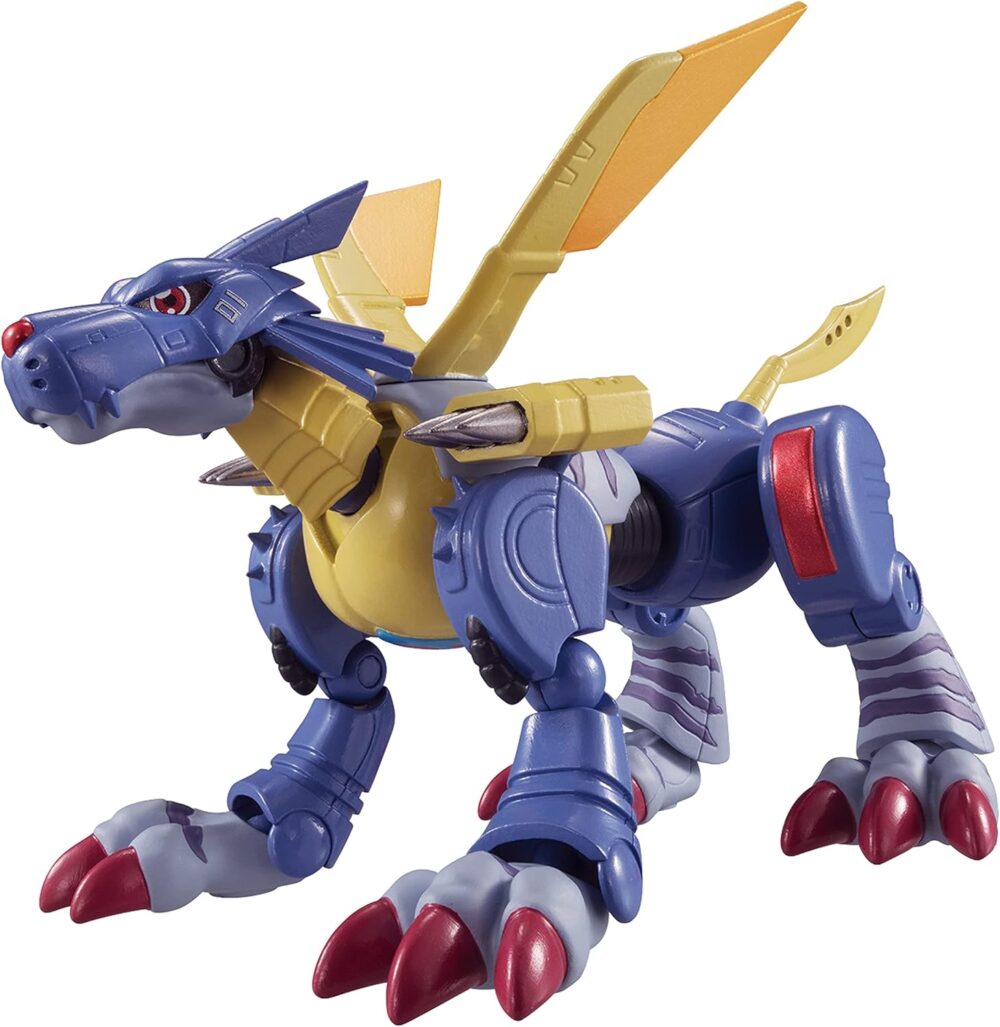 A Digimon Shodo 3.5" Figure resembling a robotic dragon with blue body, yellow wings, red eyes, and red claws on its feet.