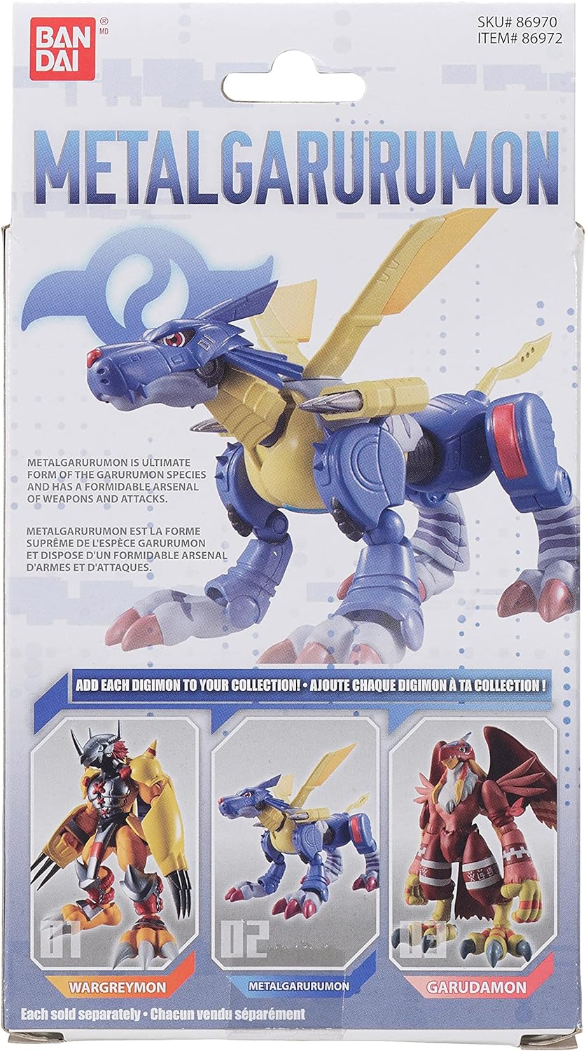 Packaging of a Digimon Shodo 3.5" Figure by Bandai, showing the figure and additional Digimon figures (Wargreymon and Garudamon). The packaging provides product details and the item number 86972.