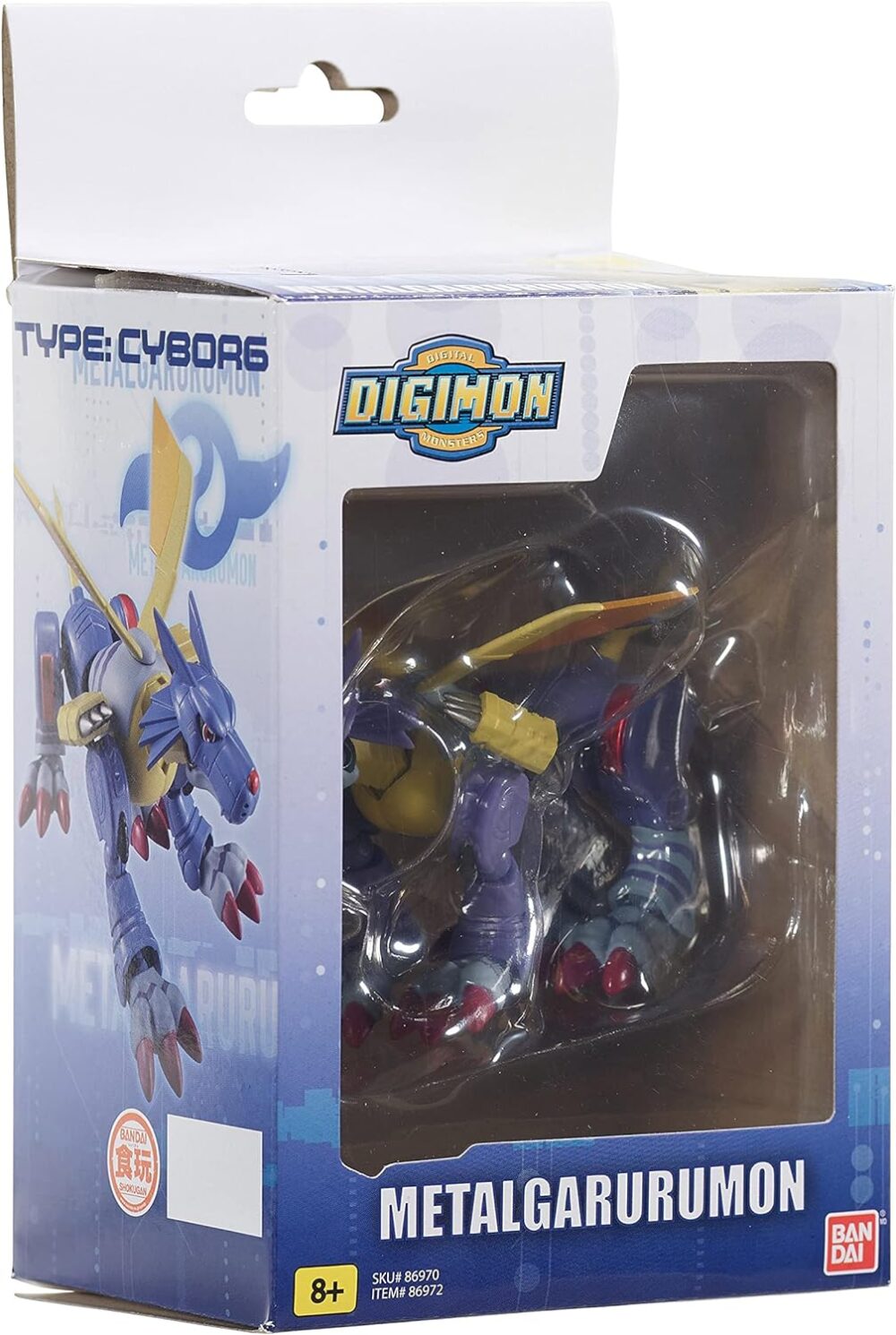 Boxed "Digimon Shodo 3.5" Figure from the Digimon series. The packaging is blue and white with a clear window showcasing the figure inside. Suitable for ages 8 and up. Made by Bandai.