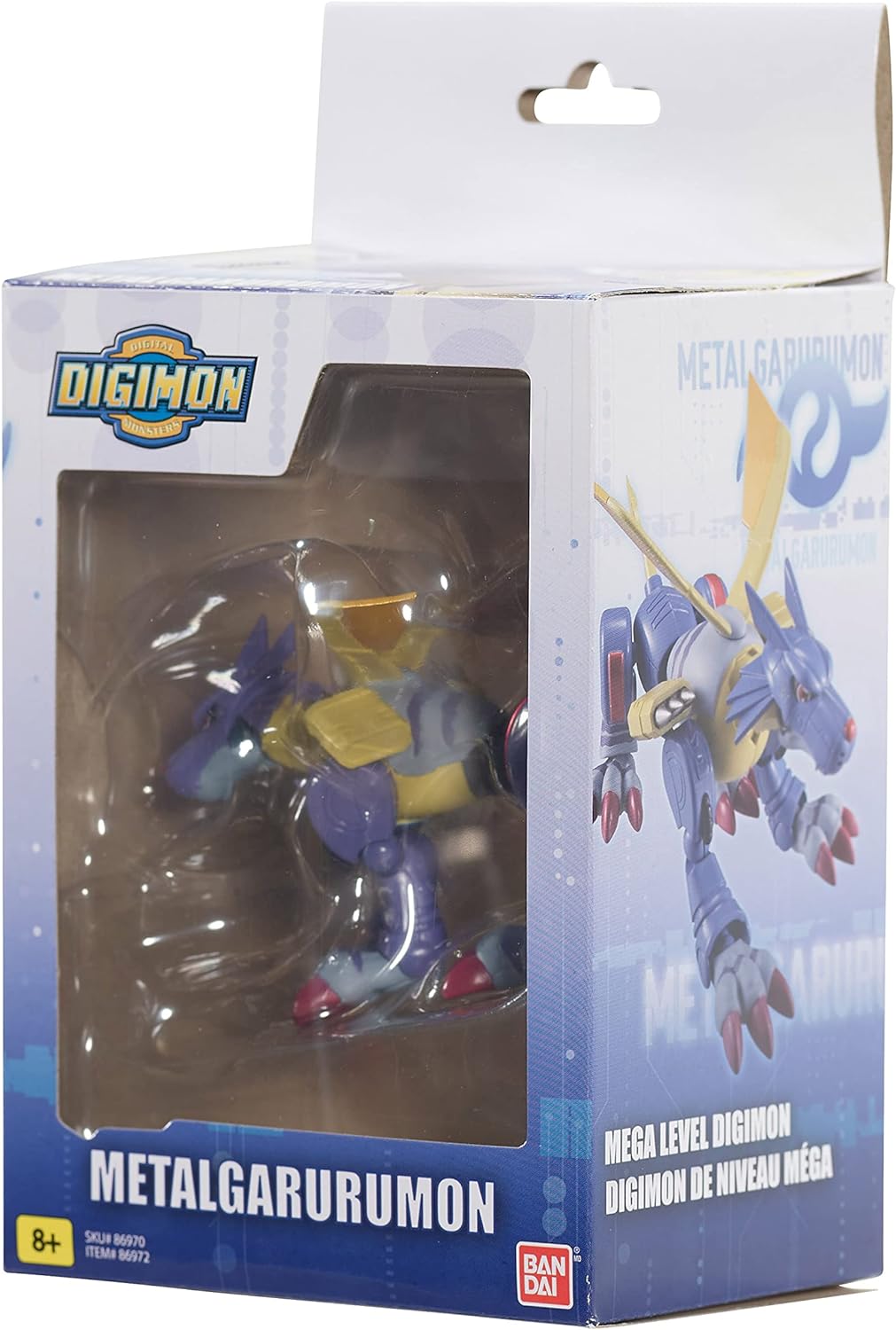 DIGIMON Shodo 3.5 Metal Garurumon Action Figure 86972 (4) A packaged Digimon Shodo 3.5" Figure of MetalGarurumon in a transparent box, suitable for ages 8 and up.
