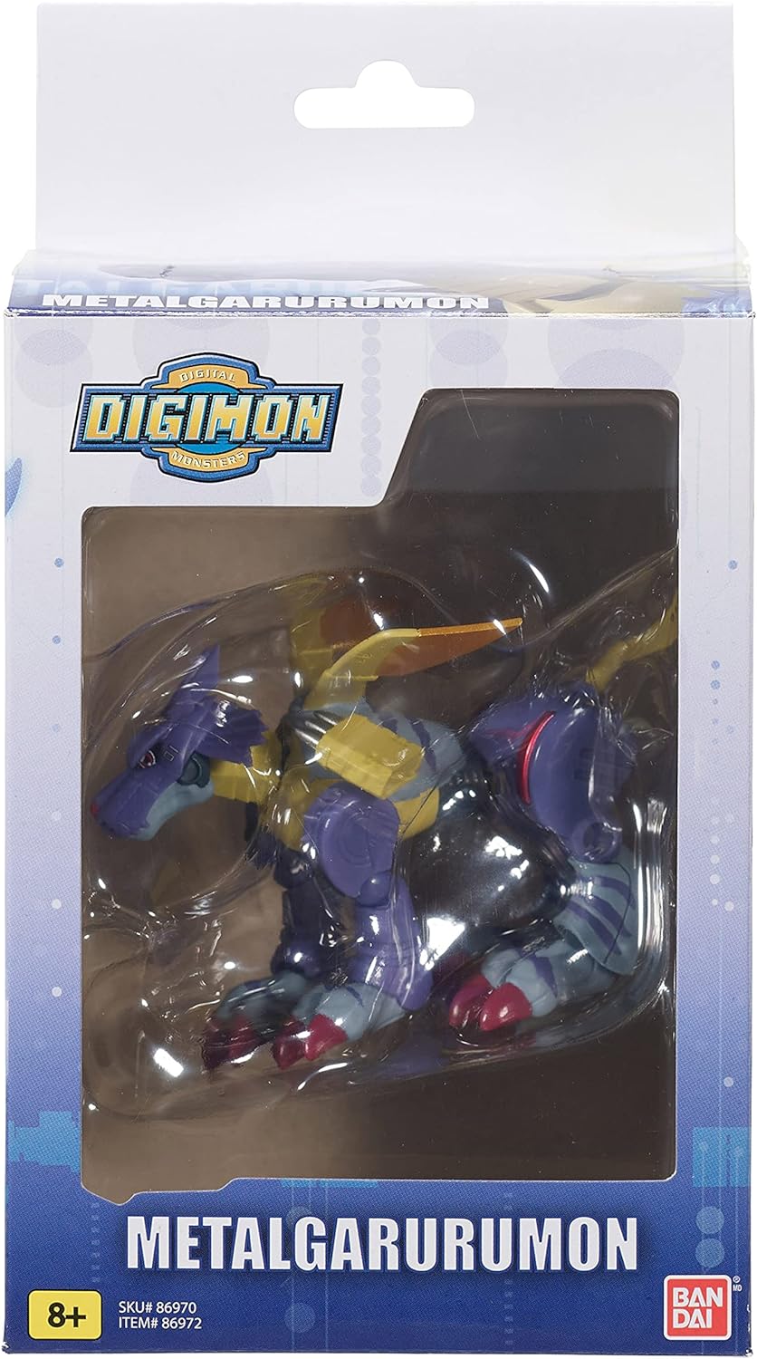 A packaged Digimon Shodo 3.5" Figure of MetalGarurumon from the Digimon series, visible through a clear plastic window. The box shows the Digimon logo and age recommendation of 8+.
