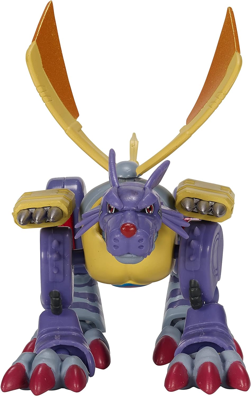 A Digimon Shodo 3.5" Figure resembling a robotic creature with purple and yellow armor, red claws, and wing-like appendages on its back.