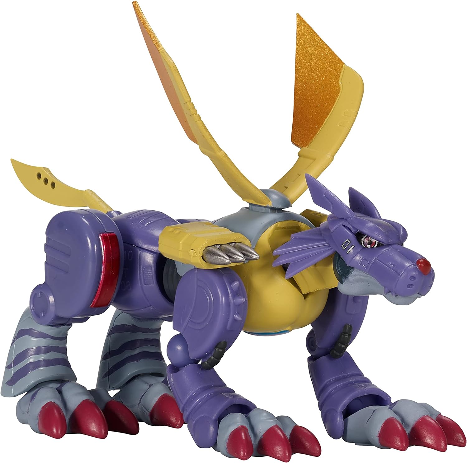 DIGIMON Shodo 3.5 Metal Garurumon Action Figure 86972 (7) A Digimon Shodo 3.5" Figure resembling a four-legged creature with wings, claws, and a pointed snout, featuring mechanical and angular details.