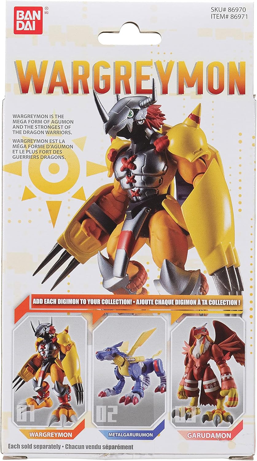 Packaging for the Digimon Shodo 3.5" Figure by Bandai, featuring images of WarGreymon, MetalGarurumon, and Garudamon. Text highlights WarGreymon's strength and role in the Digimon series.