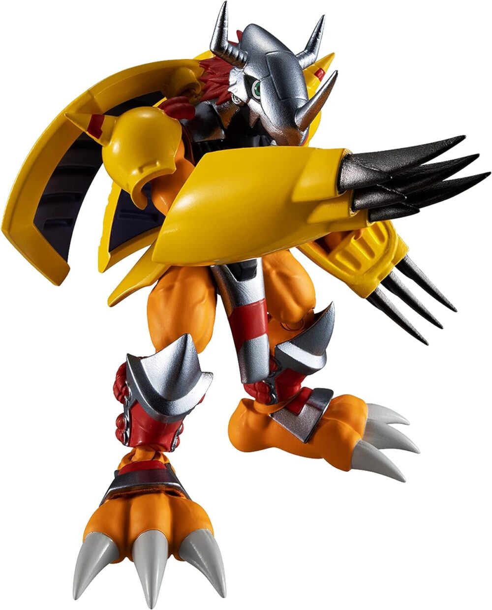 A detailed Digimon Shodo 3.5" Figure of a robotic creature featuring yellow and silver armor, sharp claws, and red accents. It stands in a dynamic pose, ready for action.