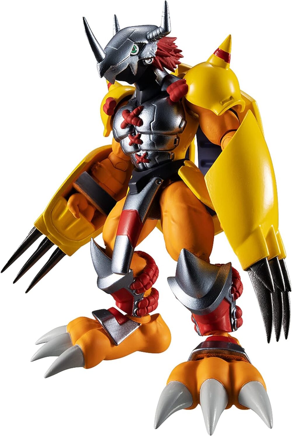 A detailed Digimon Shodo 3.5" Figure of a robotic creature with large yellow claws, orange and metallic gray armor, and a helmet with horn-like extensions. The figure has prominent claws on its hands and feet.