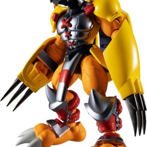 A detailed Digimon Shodo 3.5" Figure of a robotic creature with large yellow claws, orange and metallic gray armor, and a helmet with horn-like extensions. The figure has prominent claws on its hands and feet.