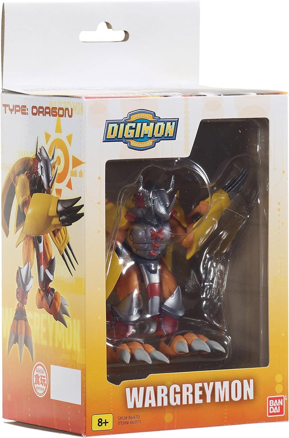 Boxed figure of Digimon Shodo 3.5" Figure, a Digimon character, with the label "Type: Dragon" on the box. Bandai logo is visible on the bottom right of the packaging. Suitable for ages 8 and up.