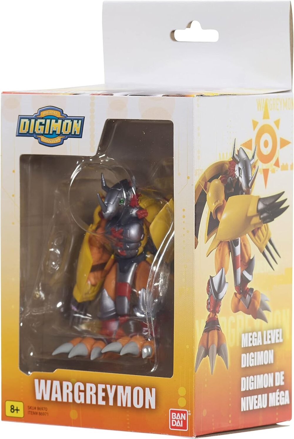 A Digimon Shodo 3.5" Figure of WarGreymon, a character from the Digimon series. The box features the Digimon logo and indicates the Mega Level of the character. Suitable for ages 8 and up.